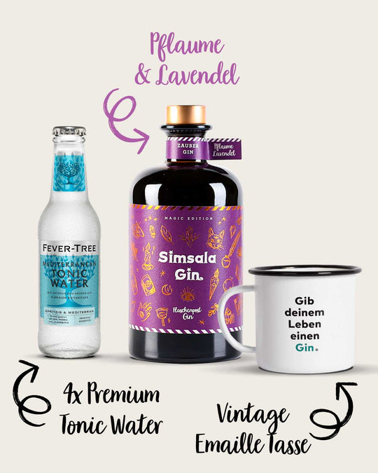 Das perfekte Startpaket oder Geschenk für magischen Gin Genuss. Das Set enthält viermal Premium Tonic Water, eine Flasche unseres Farbwechsel Gins "Simsala Gin" und eine Vintage Camping Tasse aus langlebigem, hochwertigem Material. Die Tasse trägt den humorvollen Spruch :"Gib deinem Leben einen Gin". 