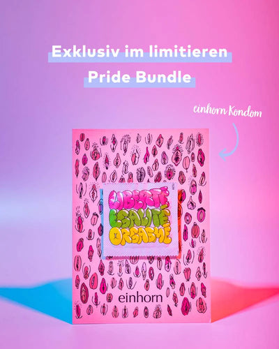 Als Teil des Pride Bundles der neuen Pride Edition "Love is Love" von Flaschenpost Gin ist das Einhorn Kondom bunt und einzigartig | Das einhorn Kondom wird von bunten Lichtern umgeben.