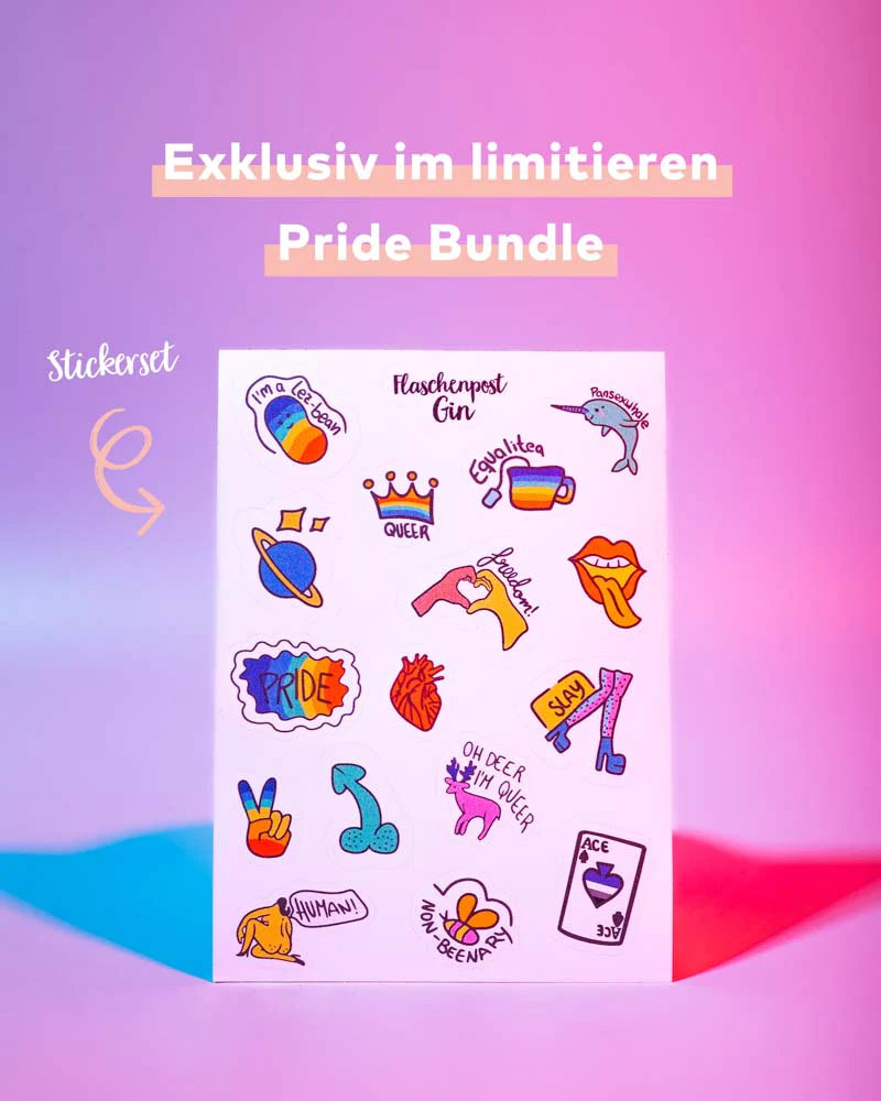 Das exklusive Stickerset passend zur neuen Pride Edition erstrahlt in vollem buntem und einzigartigem Glanz mit vielen verschiedenen Motiven | Das Stickerset wird vor buntem Hintergrund dargestellt und wird von rot blauen Reflexionen umgeben